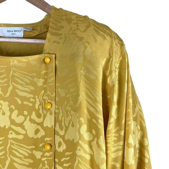 Vintage Nina Ricci 100% Silk Jacquard Long Sleeve‎ Blouse in Yellow, Size 8 - Picture 5 of 14